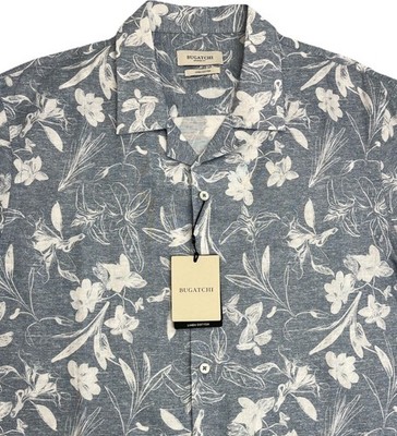 Men's BUGATCHI Shaped Fit S/S Floral Shirt M Medium Blue White Linen Cotton NEW