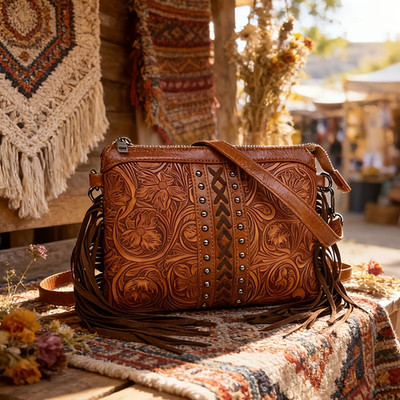 Western Cowgirl Brown Fringe Pocketbook W/Sholder Strap