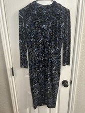 CHAPS Black blue Vneck white paisley size small dress 3/4 sleeve soft stretchy