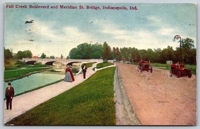 Indianapolis IN Fall Creek Blvd Meridian St Bridge 1909 Auto Postcard AA682