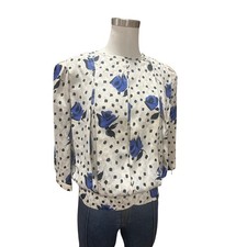 Louis Feraud 100 Silk 80s Blue Rose Blouse Waist Button D36 US 6