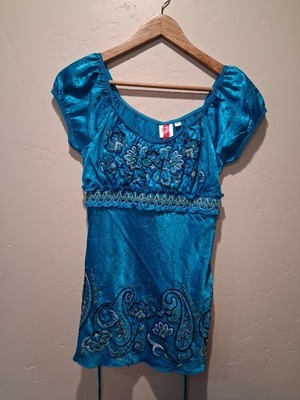 HeartSoul Y2K Blue Babydoll Top M Crinkle Embroidered Floral Paisley Fairy Hippy