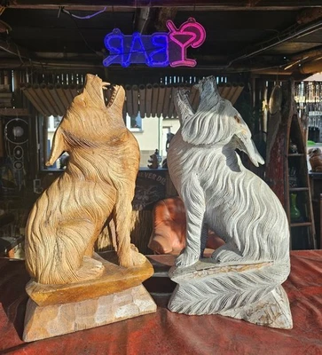 2Wolf Statue, Solid Wood Sculpture Height  Garden House Deco Little Big Horn - Bild 1 von 4