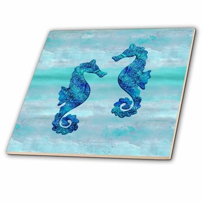 3dRose Seahorses Couple Blue Ink Decorative Tile   6 Inch Ceramic Art