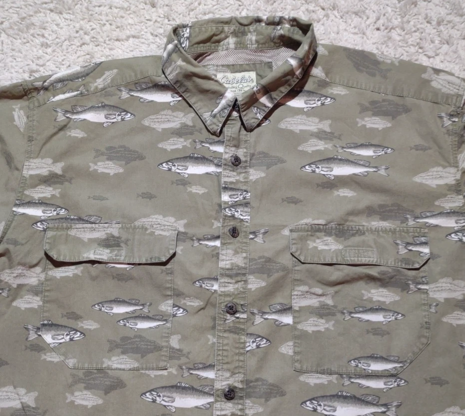 Camisa Ventilada Cabelas Para Hombres 2XL Verde Manga Corta Estampado de Peces Algodón Exterior Foto 2 de 4