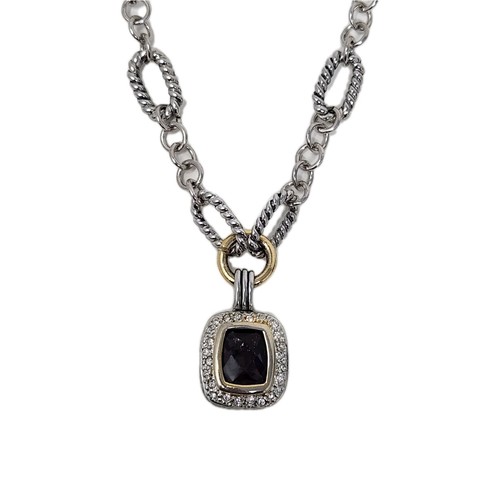 Vintage Purple Stone & Clear CZs Pendant Silver Tone Chain Link Necklace 16 Inch - Picture 15 of 17