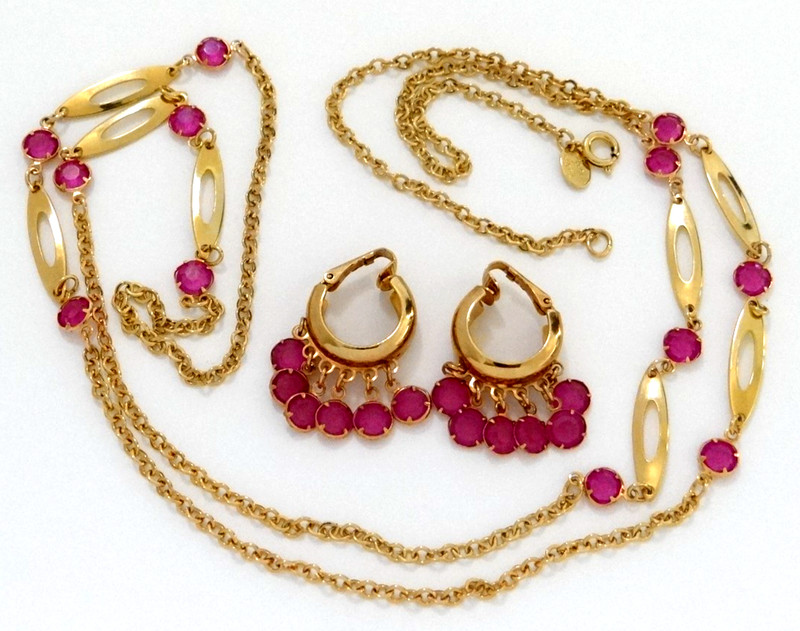 PARK LANE Vintage Gold Tone Bezel Pink Magenta Crystal Necklace & Earrings Set