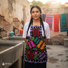 Mexican Embroidered Bib Apron for Women Multicolor with Floral Design
