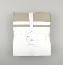 Pottery Barn Parker Organic Sheet Set QUEEN Percale White Taupe Stripe Tan NEW