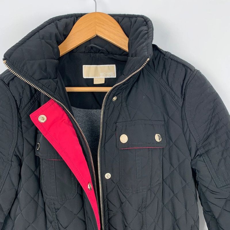 Michael Kors Quilted Jacket Coat Womens Small Black Zip UpRoll Away Hood thumbnail 7