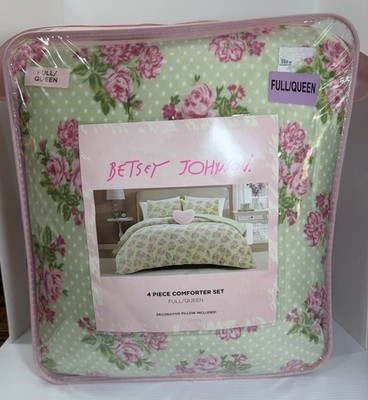 Betsy Johnson pink & green floral plush  Full Queen Comforter 4 piece set new