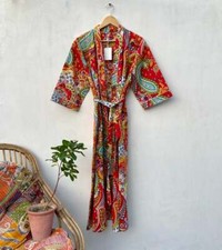 Indian Cotton Women Floral Print Long Kimono Bath Robe Nightwear Gown Dress New