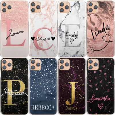 PERSONALISIERTE HANDYHÜLLE FÜR IPHONE 12/11 INITIALE PINK SCHWARZ MARMOR HARTSCHALE