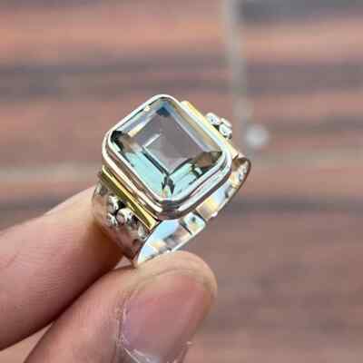 Green Amethyst Emerald Cut Ring 925 Sterling Silver Two Tone Men's Ring Gift Her