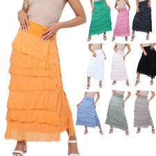 Womens Ladies Maxi Skirt Silk Italian Layered Ruffle Shredded Tiered Lagenlook