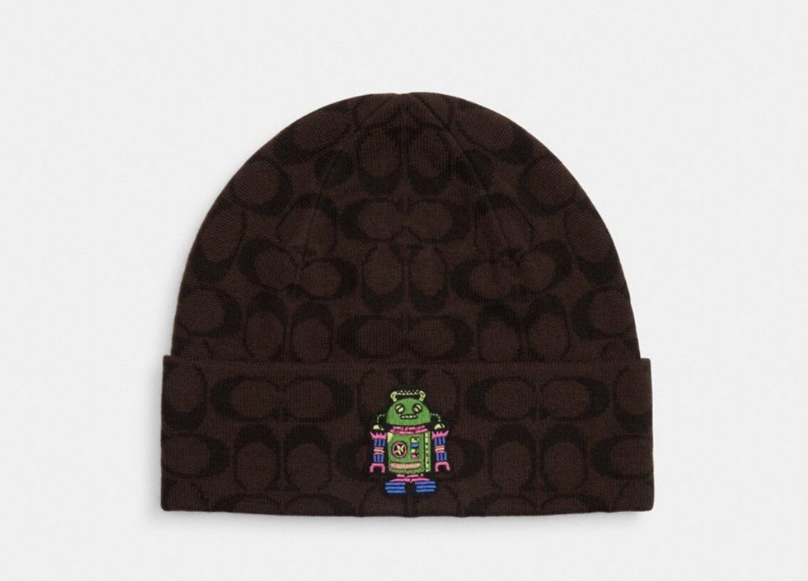 Coach CX132 Cosmic Coach Signature Robot Print Knit Beanie Walnut
