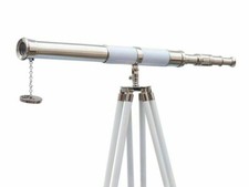 Nautical floor standing brass leather 39 inch telescope with wooden tripod stand