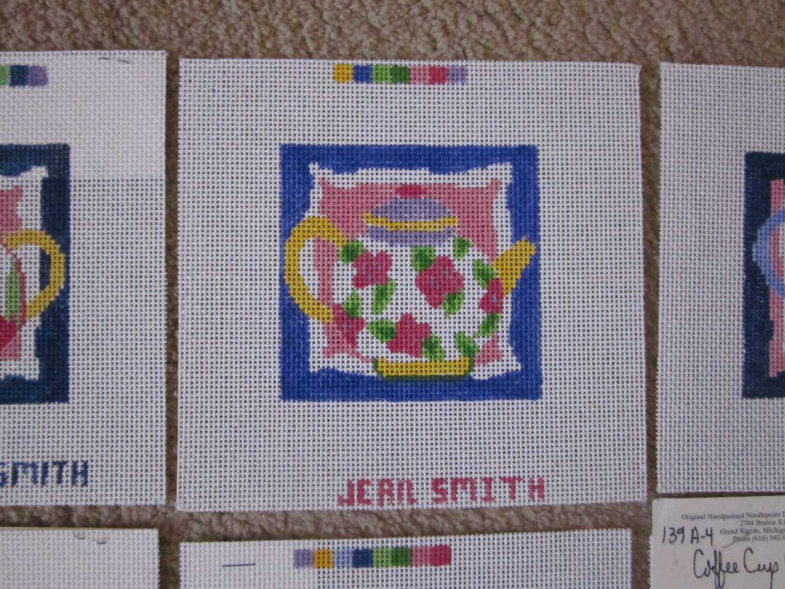 Lot of 6 Jean Smith Coffee; Tea Coasters HP needlepoint canvas 14 mesh