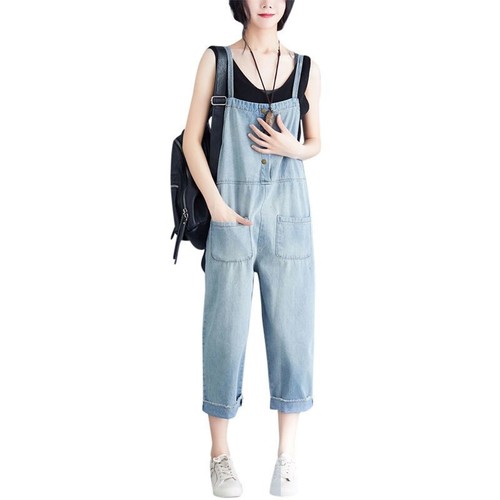 Chic Women Jeans Overalls Wide Leg Denim Bib Jumpsuits Pockets Loose Casual Blue - Picture 10 of 15