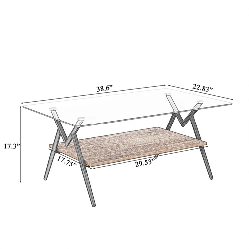 Modern Rectangle Coffee Table Tempered Glass top Brown MDF Shelf Table - Picture 6 of 10