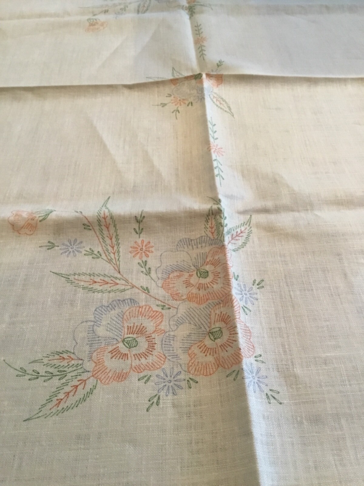 Vintage Stamped Embroidery COLORTEX 100 Linen Tablecloth Pansy Flowers