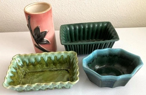 Vintage Lot 4 PCS of Pottery USA Hull Planters Green Drip Pink Bamboo Vase