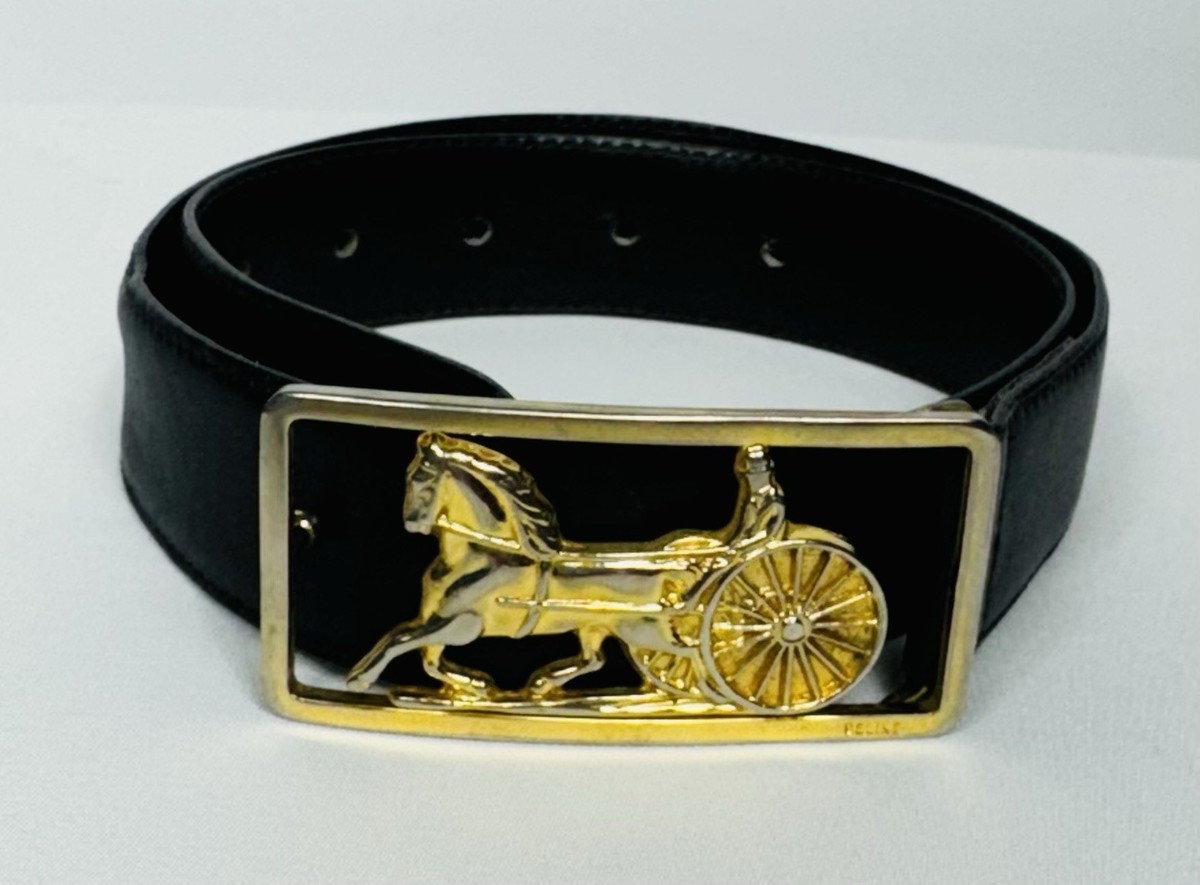 CELINE Vintage Carriage Buckle Belt Size 60 XS Square Leather Black Vintage CELINE PARIS Horse Carriage Buckle Dark Brown  main image 2