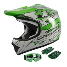 DOT Youth Dirt Bike Helmet Motocross ATV Green Flame Goggles Gloves