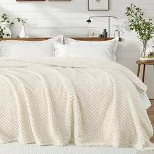 Queen Fleece Blanket Extra Soft Warm Fuzzy Cozy Throw Ivory 90x90 Inch