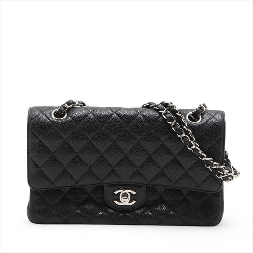 Chanel Matelasse 25 Caviar Skin Double Flap Double Chain Bag Black Silver Metal
