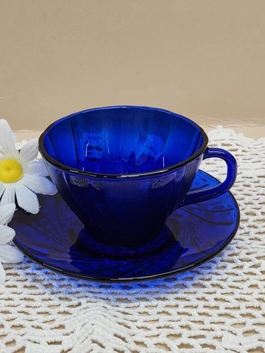 Vintage Arcoroc Cobalt Blue Swirl Textured Glass Teacup Tea Cup Luminarc France