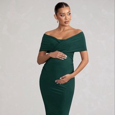 Club L Amal Green Bardot Wrap Neckline Maternity Maxi Formal Occasion Dress 10