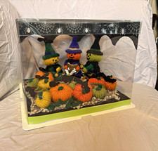 Handcrafted Halloween Clear Box Display Case with Knitted Pumpkins & Witch