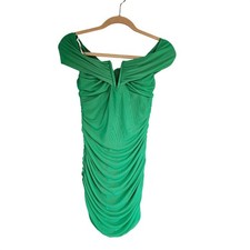 Cass & Cat Size 12 Off Shoulder Ruched Bodycon Mini Dress Green Party Cocktail