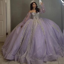 Lilac Quinceneara Dress Applique Sweet 15 Royal Train Long Sleeves Bow Party