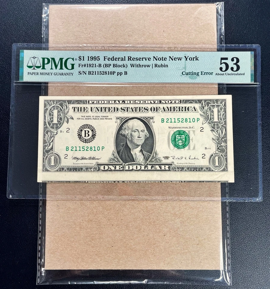 1995 $1 Federal Reserve Note NEW YORK "CUTTING ERROR" PMG 53 - AU Comment - Image 2 of 3