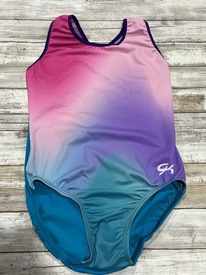 GK Elite Girls AM Adult Medium Ombre Blue/Pink Mesh Cross Back Leotard EUC