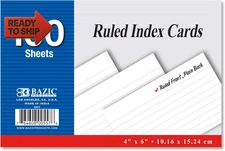 BAZIC 100 Ct. 4" X 6" Ruled White Index Card