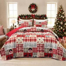 Queen Christmas Quilt Set 3-Piece, Reversible Patchwork Quilt Red Christmas B...