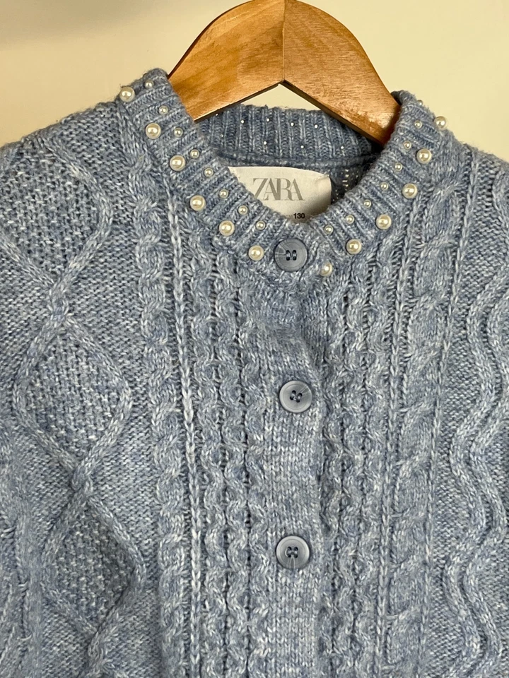 Zara Sweater Kid's Girls Sz 8-9 Blue Cardigan Pearl Cable Knit Ribbed Hem Preppy - Image 2 of 4