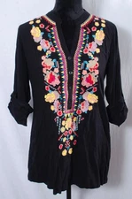 Solitaire Small Top Cottagecore Embroidered Rayon Tunic Black Multi-Color