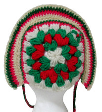VTG 1980s Crochet Handmade Granny Square Baby Bonnet Red Green White Prairie Hat