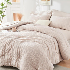 Beige Queen Comforter Set Seersucker 7 Pieces, All Season Luxury Bed in a Bag fo