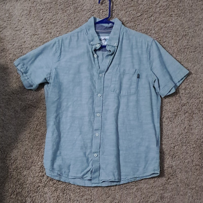 Hurley Men's M Blue Solid Short Sleeve Cotton Woven Button-Up Shirt Pockets