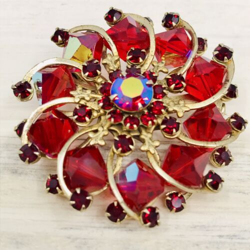 2 - VINTAGE RED PINK AB RHINESTONE NAVETTE BEAD STATEMENT PIN BROOCHES Unmarked - Picture 16 of 21