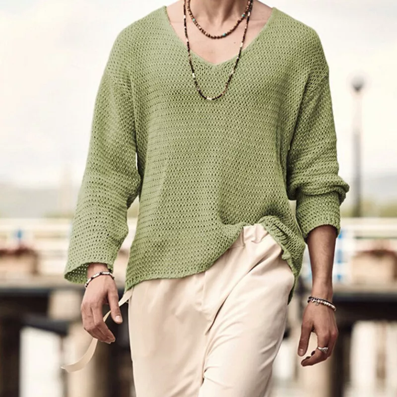 Mens Casual Long Sleeve Sweater Men Street Knitwear V Neck Jumper