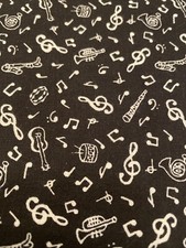White Music Notes Intruments on Black Fabric by Fabric Traditions. 1yard FQ-
