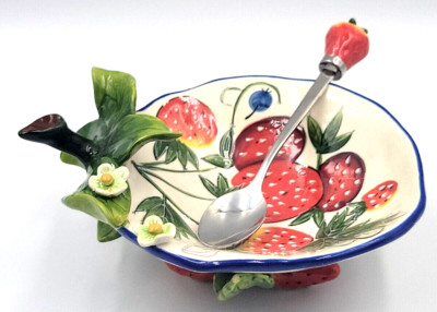 Blue Sky J McCall Footed Ice Cream Bowl w/ Spoon Icing On The Cake Strawberries