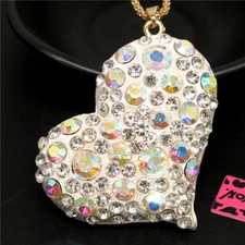 Fashion Women Rhinestone White Enamel Heart Crystal Pendant Chain Necklace Gift