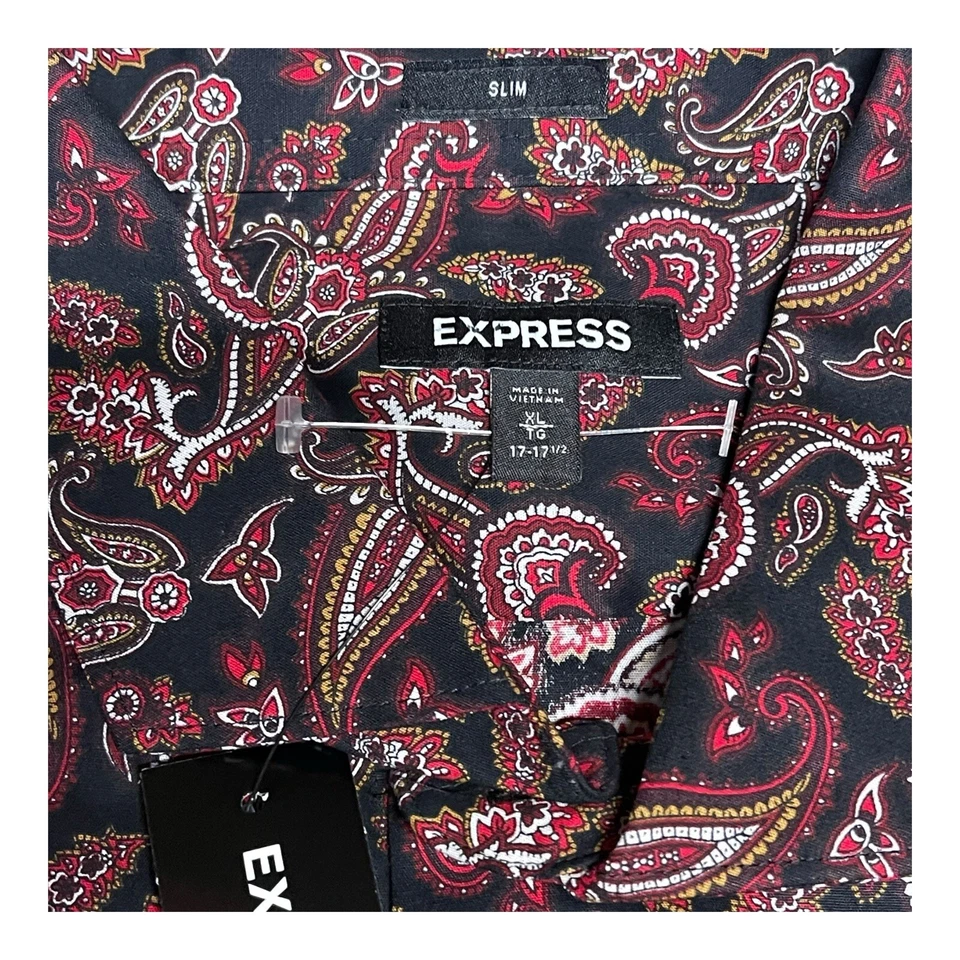 Camisa de Vestir Express Para Hombres XL Roja Estampado de Cachemira Calce Ajustado Abotonada NUEVA Floral Y2K Foto 4 de 4
